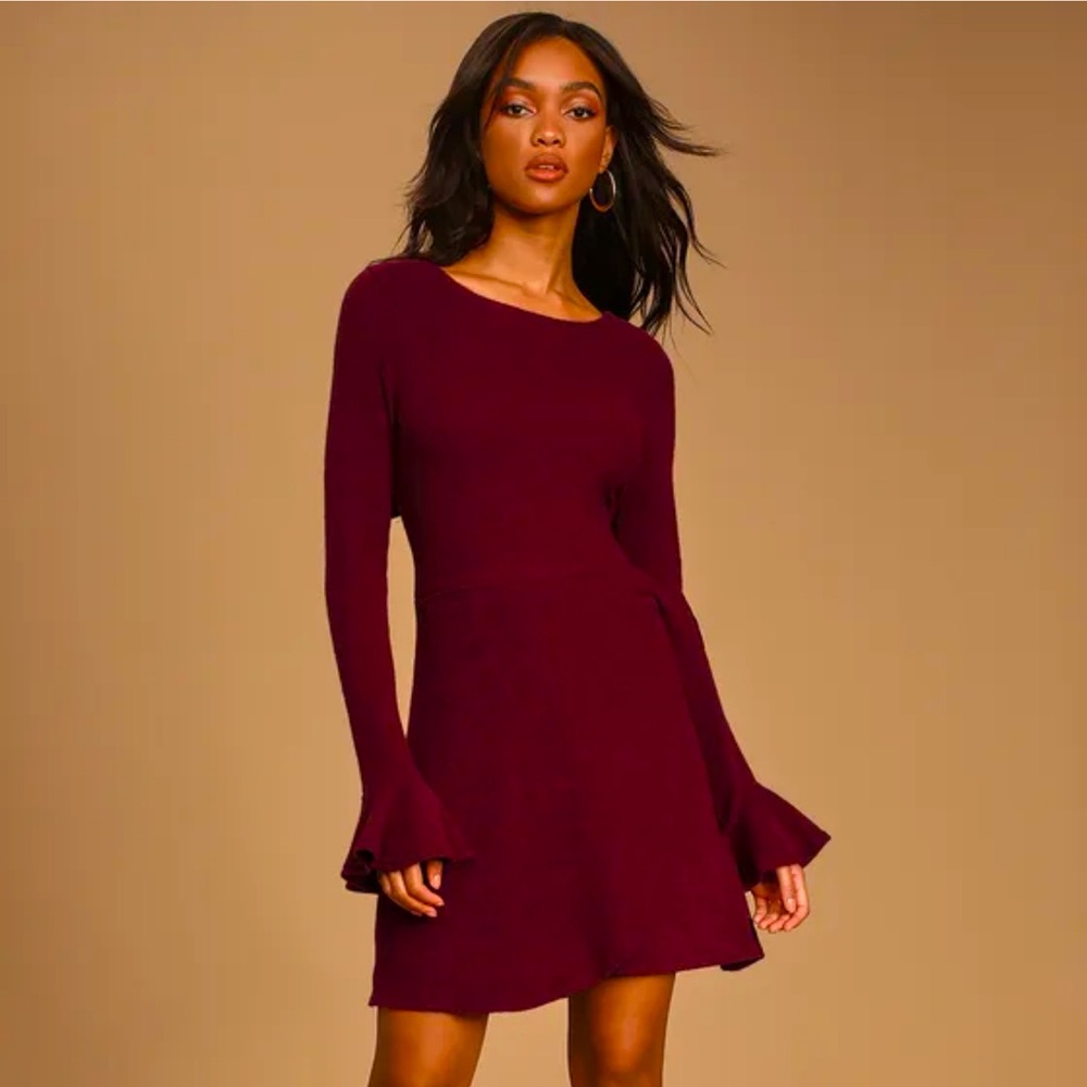 NWT Lulus Favorite Tune Burgundy Faux Wrap Sweater Dress
